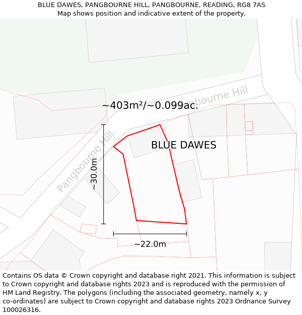 BLUE DAWES, PANGBOURNE HILL, PANGBOURNE, READING, RG8 7AS: Plot and title map