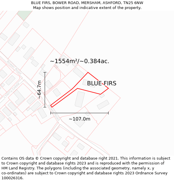 BLUE FIRS, BOWER ROAD, MERSHAM, ASHFORD, TN25 6NW: Plot and title map