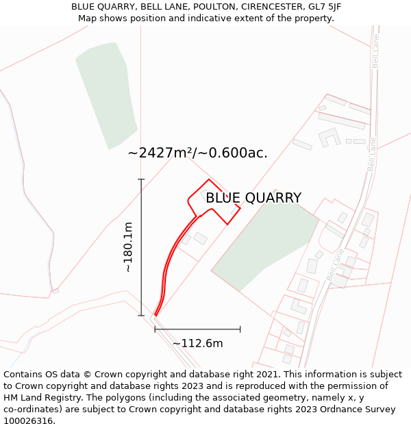 BLUE QUARRY, BELL LANE, POULTON, CIRENCESTER, GL7 5JF: Plot and title map
