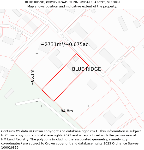 BLUE RIDGE, PRIORY ROAD, SUNNINGDALE, ASCOT, SL5 9RH: Plot and title map