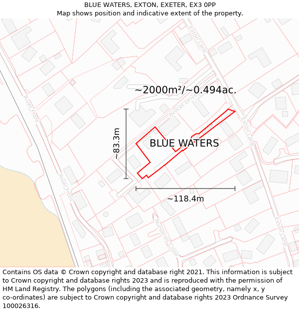 BLUE WATERS, EXTON, EXETER, EX3 0PP: Plot and title map