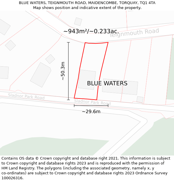 BLUE WATERS, TEIGNMOUTH ROAD, MAIDENCOMBE, TORQUAY, TQ1 4TA: Plot and title map