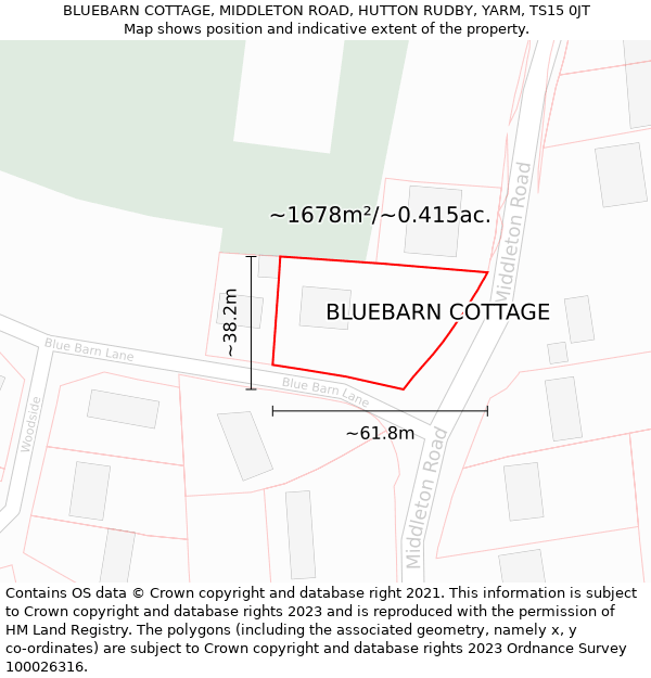 BLUEBARN COTTAGE, MIDDLETON ROAD, HUTTON RUDBY, YARM, TS15 0JT: Plot and title map