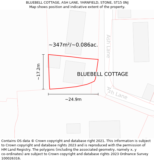 BLUEBELL COTTAGE, ASH LANE, YARNFIELD, STONE, ST15 0NJ: Plot and title map