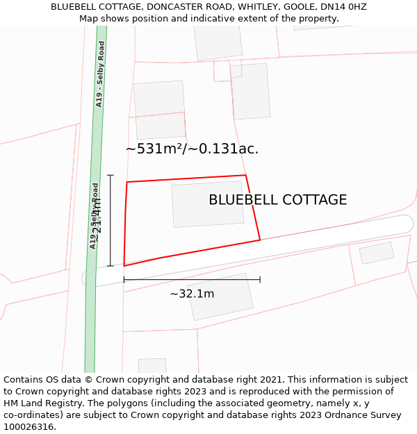 BLUEBELL COTTAGE, DONCASTER ROAD, WHITLEY, GOOLE, DN14 0HZ: Plot and title map