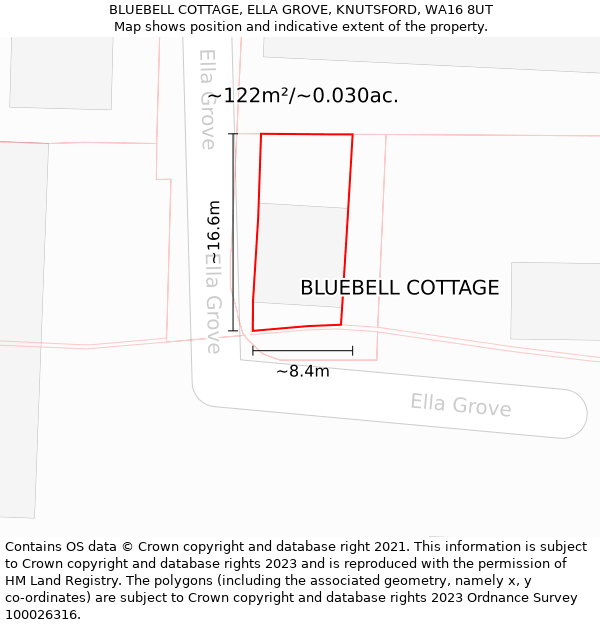 BLUEBELL COTTAGE, ELLA GROVE, KNUTSFORD, WA16 8UT: Plot and title map