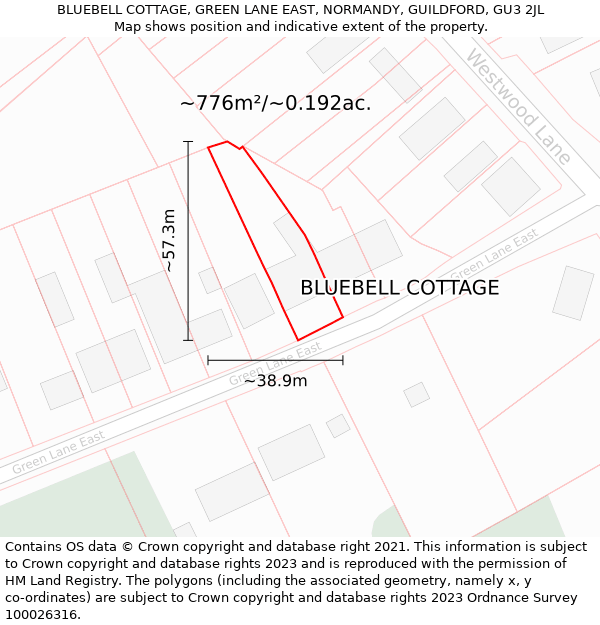 BLUEBELL COTTAGE, GREEN LANE EAST, NORMANDY, GUILDFORD, GU3 2JL: Plot and title map