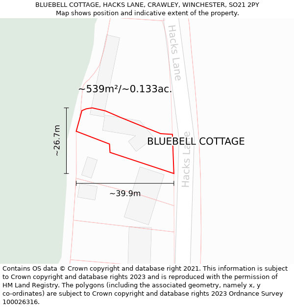 BLUEBELL COTTAGE, HACKS LANE, CRAWLEY, WINCHESTER, SO21 2PY: Plot and title map