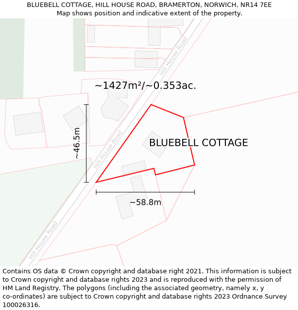 BLUEBELL COTTAGE, HILL HOUSE ROAD, BRAMERTON, NORWICH, NR14 7EE: Plot and title map