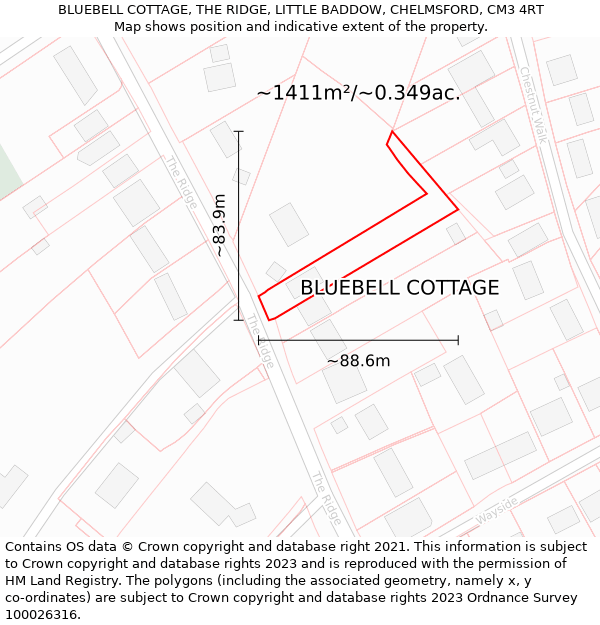 BLUEBELL COTTAGE, THE RIDGE, LITTLE BADDOW, CHELMSFORD, CM3 4RT: Plot and title map
