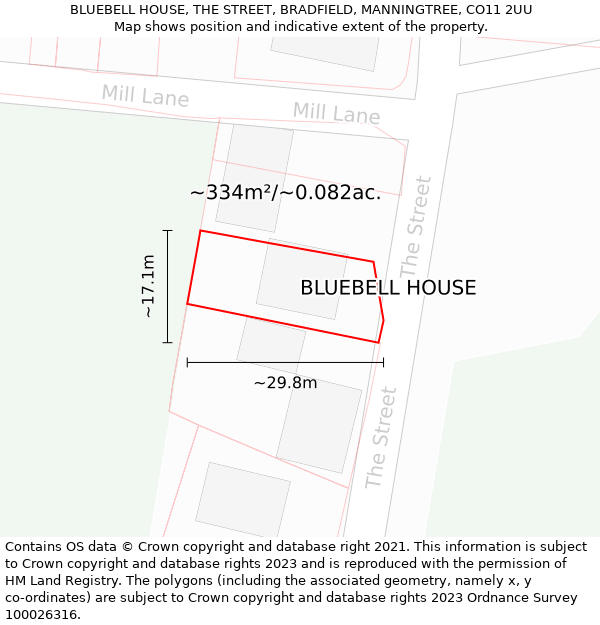 BLUEBELL HOUSE, THE STREET, BRADFIELD, MANNINGTREE, CO11 2UU: Plot and title map