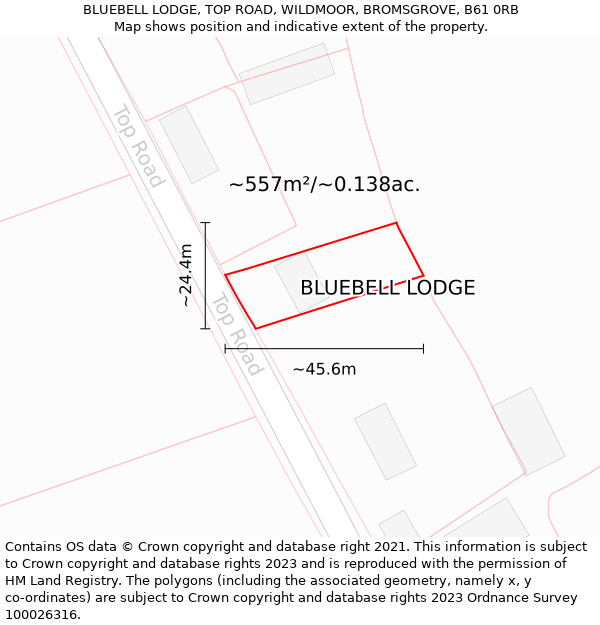 BLUEBELL LODGE, TOP ROAD, WILDMOOR, BROMSGROVE, B61 0RB: Plot and title map