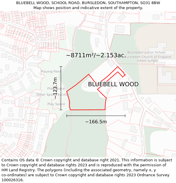BLUEBELL WOOD, SCHOOL ROAD, BURSLEDON, SOUTHAMPTON, SO31 8BW: Plot and title map