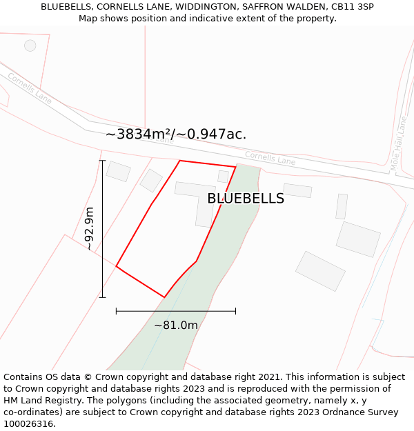 BLUEBELLS, CORNELLS LANE, WIDDINGTON, SAFFRON WALDEN, CB11 3SP: Plot and title map