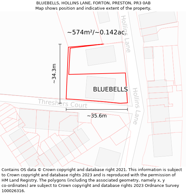 BLUEBELLS, HOLLINS LANE, FORTON, PRESTON, PR3 0AB: Plot and title map