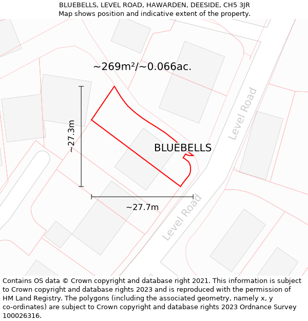 BLUEBELLS, LEVEL ROAD, HAWARDEN, DEESIDE, CH5 3JR: Plot and title map