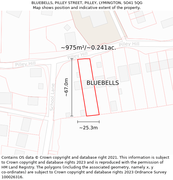 BLUEBELLS, PILLEY STREET, PILLEY, LYMINGTON, SO41 5QG: Plot and title map