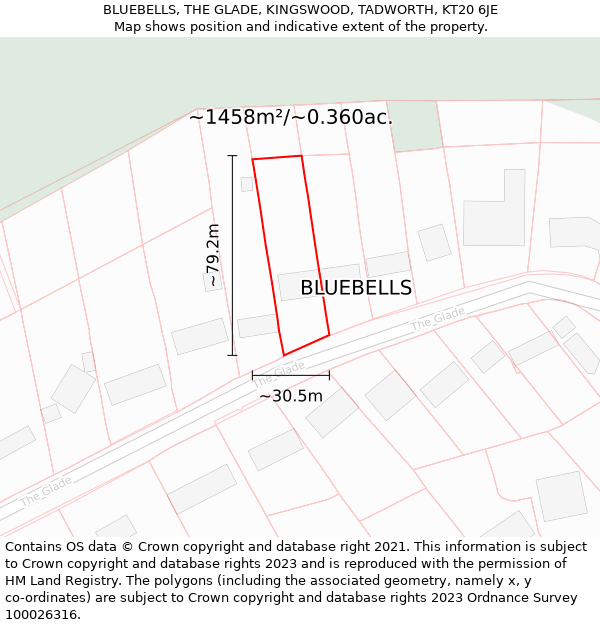 BLUEBELLS, THE GLADE, KINGSWOOD, TADWORTH, KT20 6JE: Plot and title map