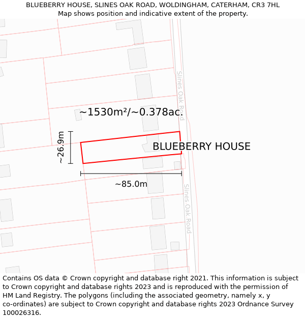 BLUEBERRY HOUSE, SLINES OAK ROAD, WOLDINGHAM, CATERHAM, CR3 7HL: Plot and title map