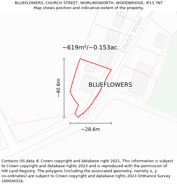BLUEFLOWERS, CHURCH STREET, WORLINGWORTH, WOODBRIDGE, IP13 7NT: Plot and title map