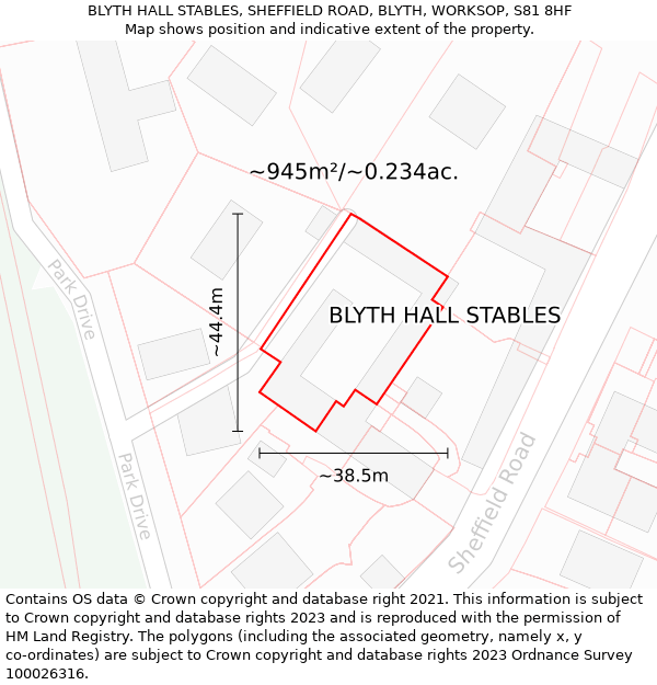 BLYTH HALL STABLES, SHEFFIELD ROAD, BLYTH, WORKSOP, S81 8HF: Plot and title map