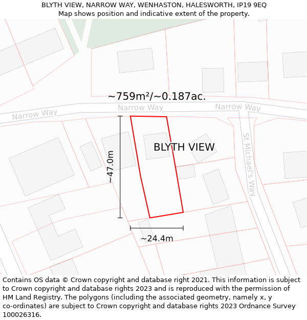 BLYTH VIEW, NARROW WAY, WENHASTON, HALESWORTH, IP19 9EQ: Plot and title map