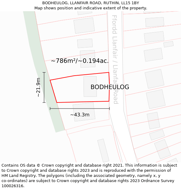 BODHEULOG, LLANFAIR ROAD, RUTHIN, LL15 1BY: Plot and title map