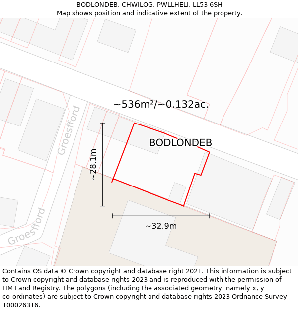 BODLONDEB, CHWILOG, PWLLHELI, LL53 6SH: Plot and title map