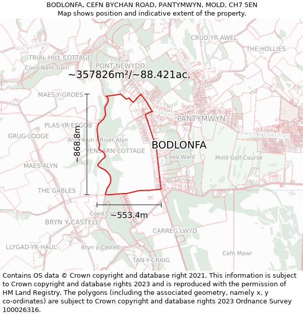 BODLONFA, CEFN BYCHAN ROAD, PANTYMWYN, MOLD, CH7 5EN: Plot and title map