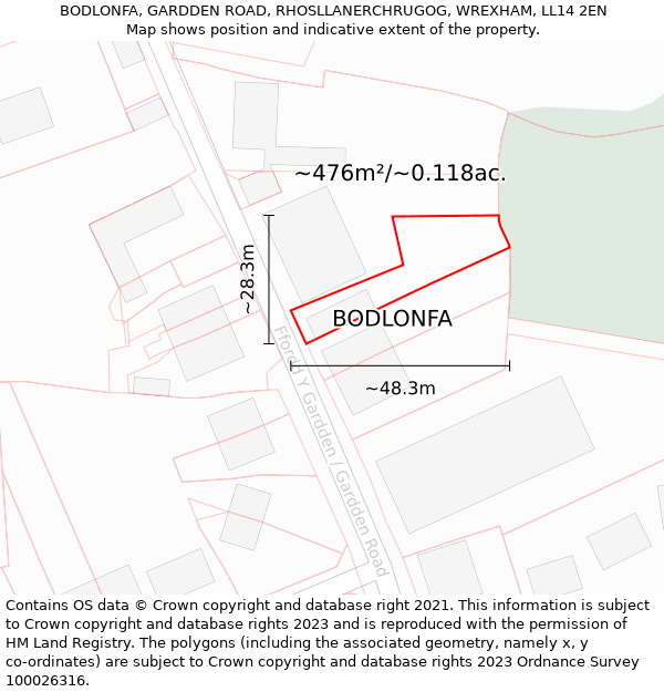 BODLONFA, GARDDEN ROAD, RHOSLLANERCHRUGOG, WREXHAM, LL14 2EN: Plot and title map