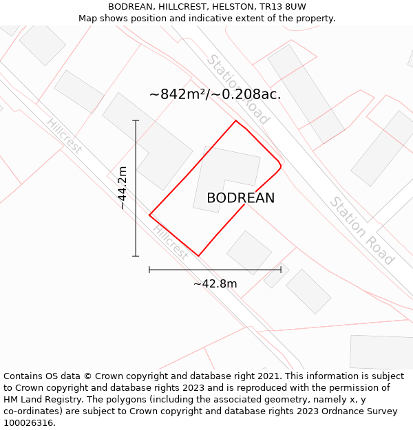 BODREAN, HILLCREST, HELSTON, TR13 8UW: Plot and title map