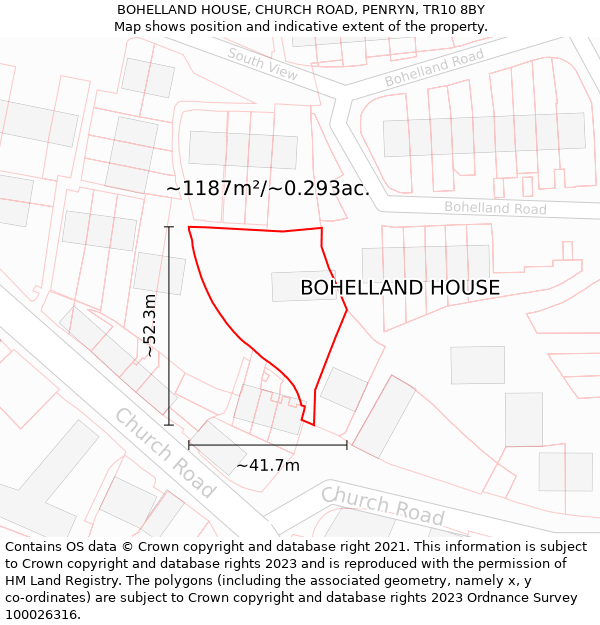 BOHELLAND HOUSE, CHURCH ROAD, PENRYN, TR10 8BY: Plot and title map