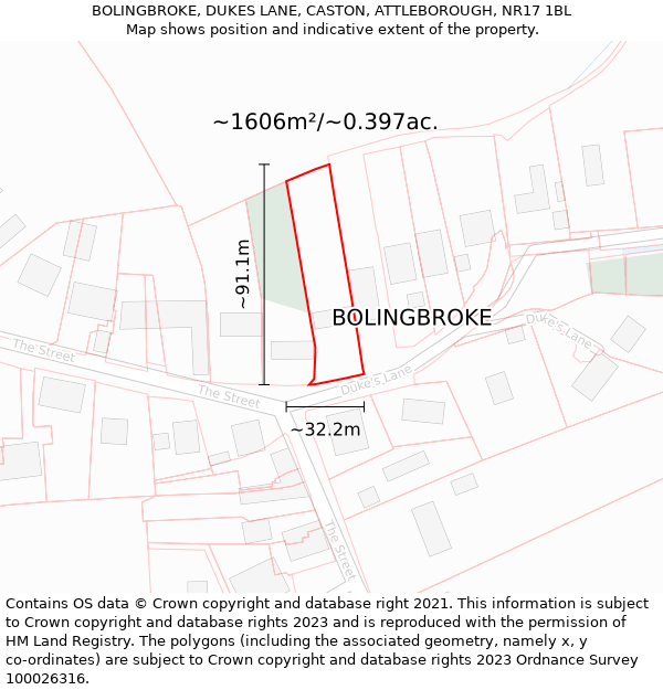 BOLINGBROKE, DUKES LANE, CASTON, ATTLEBOROUGH, NR17 1BL: Plot and title map