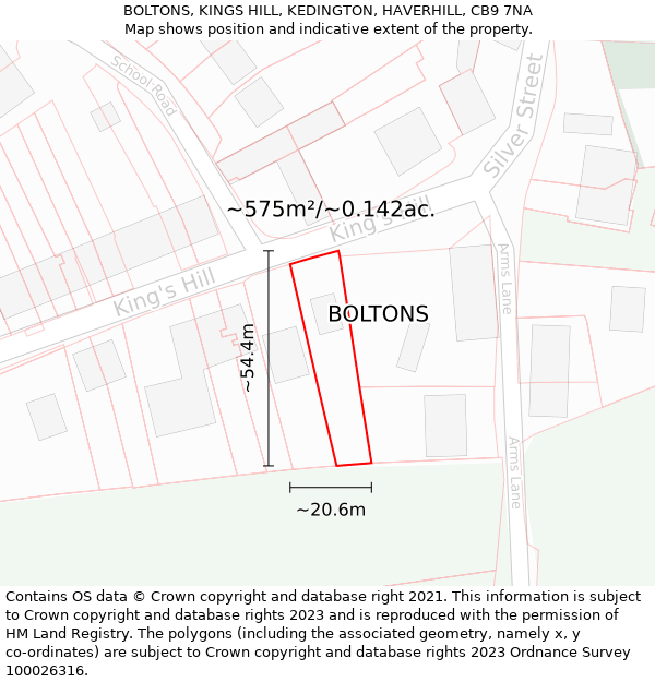 BOLTONS, KINGS HILL, KEDINGTON, HAVERHILL, CB9 7NA: Plot and title map