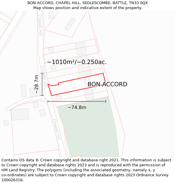 BON ACCORD, CHAPEL HILL, SEDLESCOMBE, BATTLE, TN33 0QX: Plot and title map