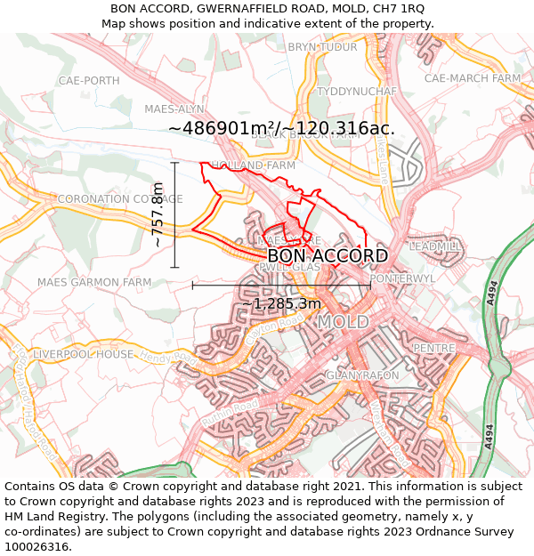 BON ACCORD, GWERNAFFIELD ROAD, MOLD, CH7 1RQ: Plot and title map