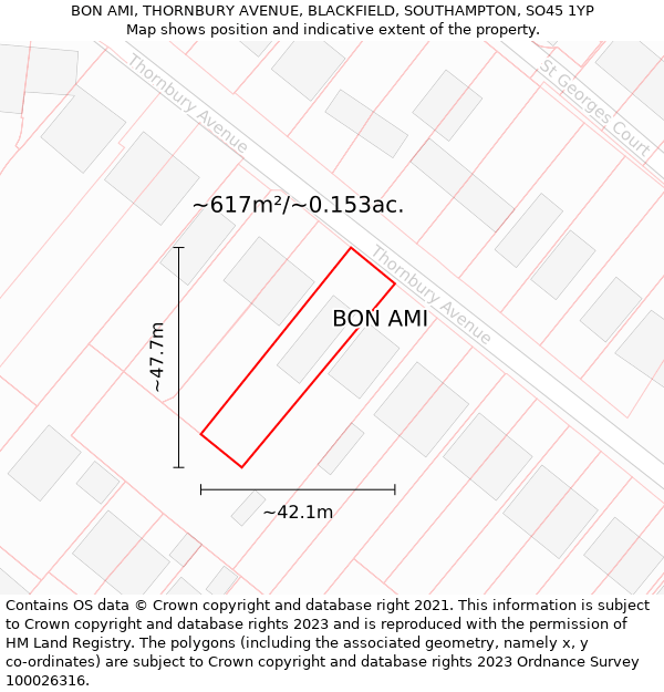 BON AMI, THORNBURY AVENUE, BLACKFIELD, SOUTHAMPTON, SO45 1YP: Plot and title map