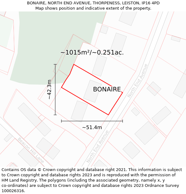 BONAIRE, NORTH END AVENUE, THORPENESS, LEISTON, IP16 4PD: Plot and title map