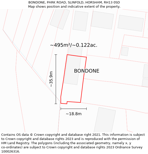 BONDONE, PARK ROAD, SLINFOLD, HORSHAM, RH13 0SD: Plot and title map