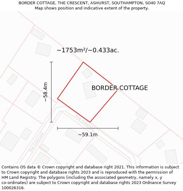 BORDER COTTAGE, THE CRESCENT, ASHURST, SOUTHAMPTON, SO40 7AQ: Plot and title map