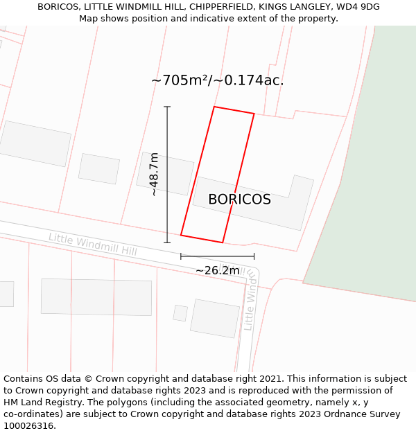 BORICOS, LITTLE WINDMILL HILL, CHIPPERFIELD, KINGS LANGLEY, WD4 9DG: Plot and title map