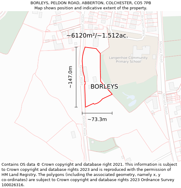 BORLEYS, PELDON ROAD, ABBERTON, COLCHESTER, CO5 7PB: Plot and title map