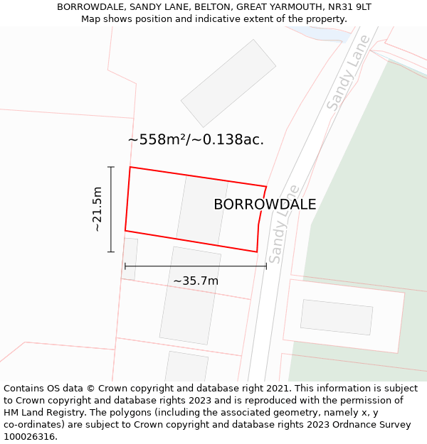 BORROWDALE, SANDY LANE, BELTON, GREAT YARMOUTH, NR31 9LT: Plot and title map