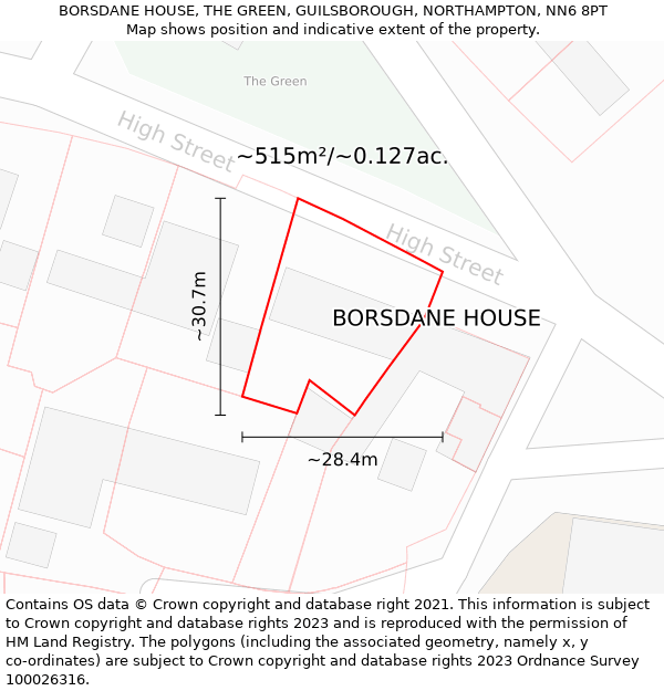 BORSDANE HOUSE, THE GREEN, GUILSBOROUGH, NORTHAMPTON, NN6 8PT: Plot and title map
