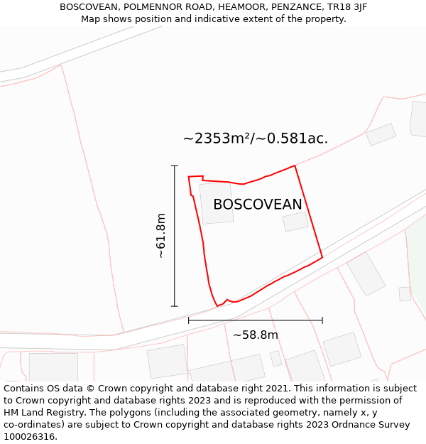 BOSCOVEAN, POLMENNOR ROAD, HEAMOOR, PENZANCE, TR18 3JF: Plot and title map