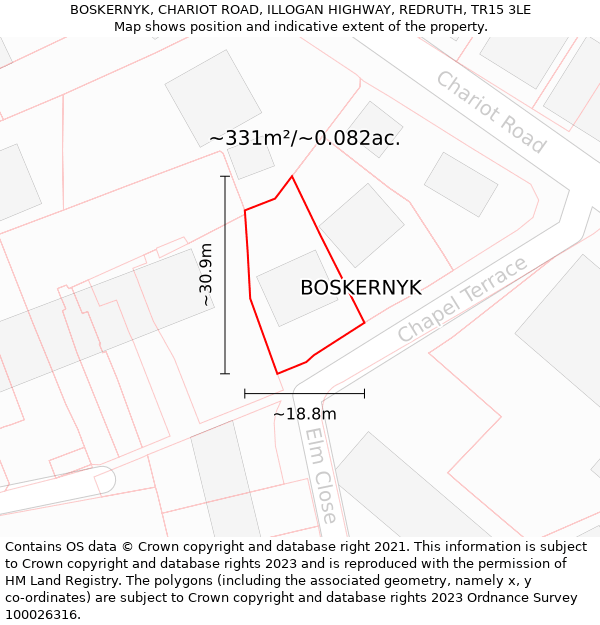 BOSKERNYK, CHARIOT ROAD, ILLOGAN HIGHWAY, REDRUTH, TR15 3LE: Plot and title map