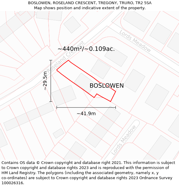 BOSLOWEN, ROSELAND CRESCENT, TREGONY, TRURO, TR2 5SA: Plot and title map