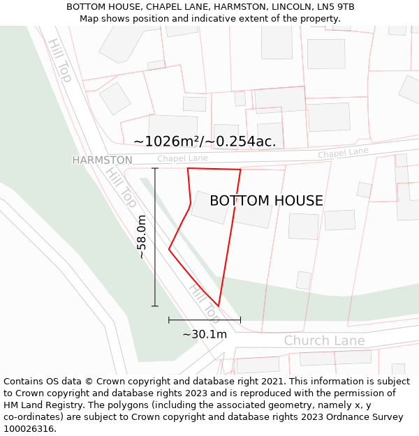 BOTTOM HOUSE, CHAPEL LANE, HARMSTON, LINCOLN, LN5 9TB: Plot and title map