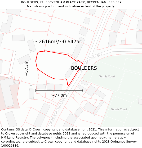 BOULDERS, 21, BECKENHAM PLACE PARK, BECKENHAM, BR3 5BP: Plot and title map