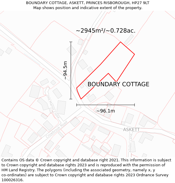 BOUNDARY COTTAGE, ASKETT, PRINCES RISBOROUGH, HP27 9LT: Plot and title map